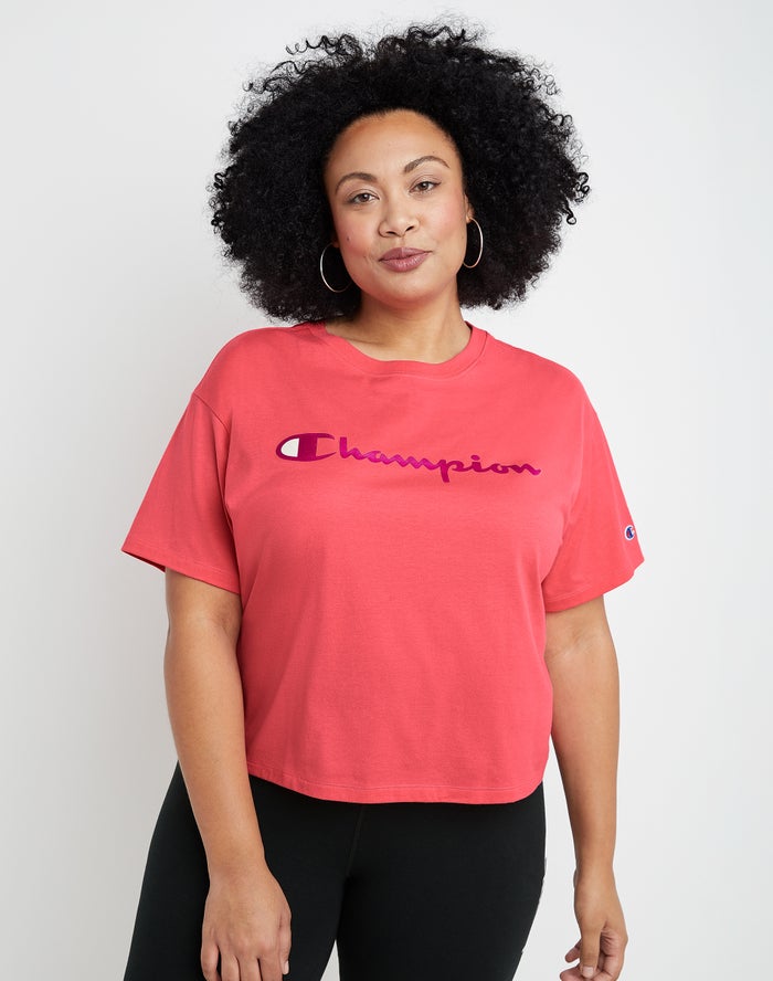 Champion Dame T-Shirts Koral - Plus Cropped Script C Logo - Danmark WSU-193456